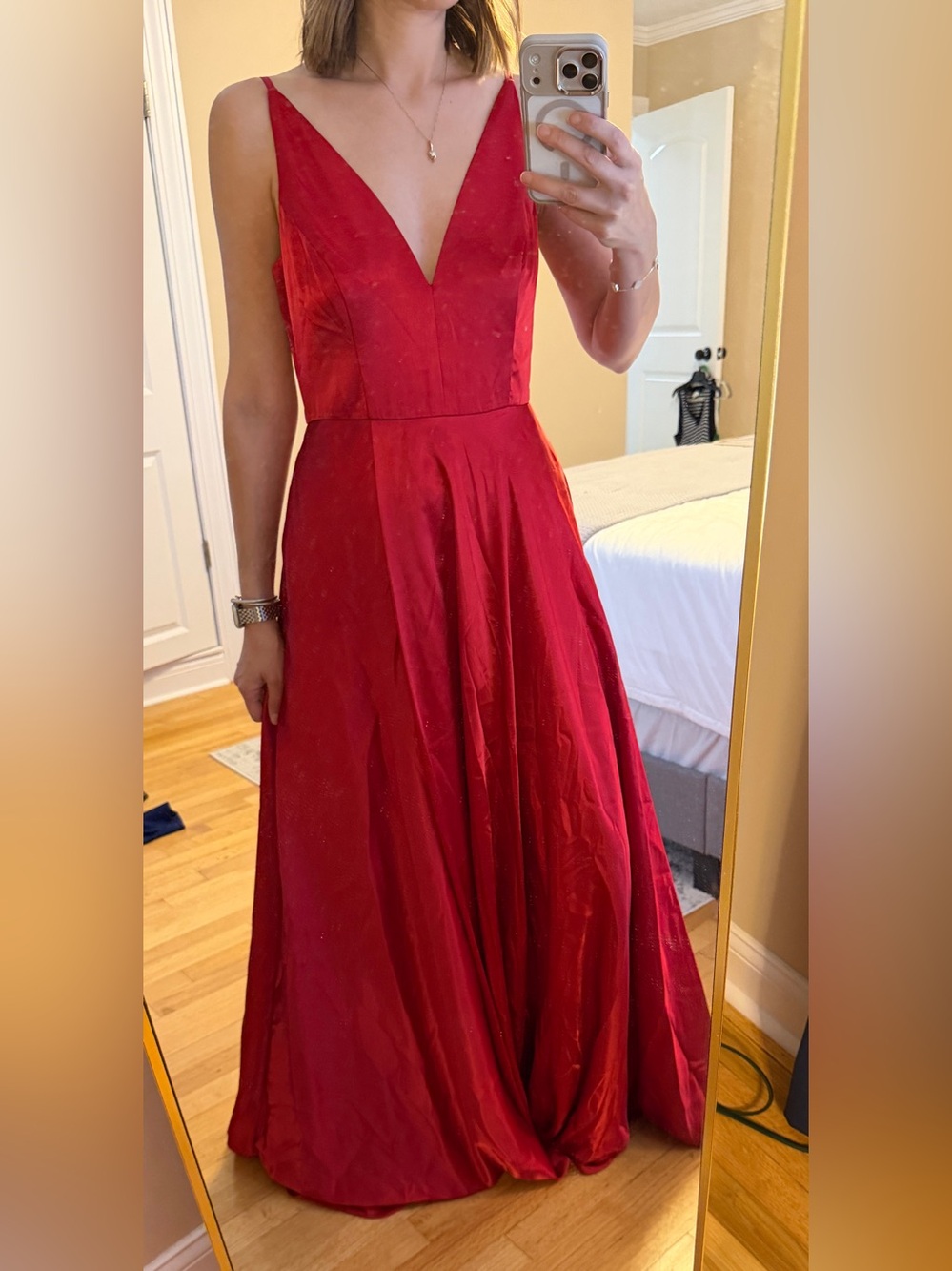 Elegant Red V‑Neck A-Line Evening Dress